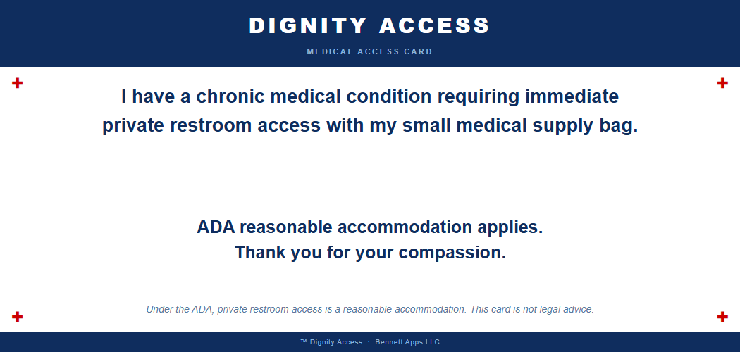 Dignity Card Side A — medical accessibility statement